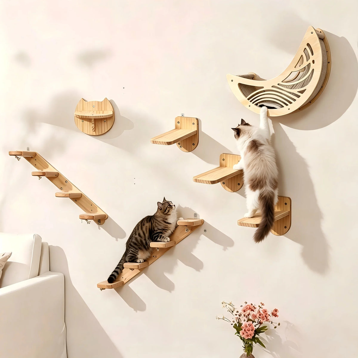 CWV Pine Wood Wall Mounted Cat Shelves With Moon Hammock