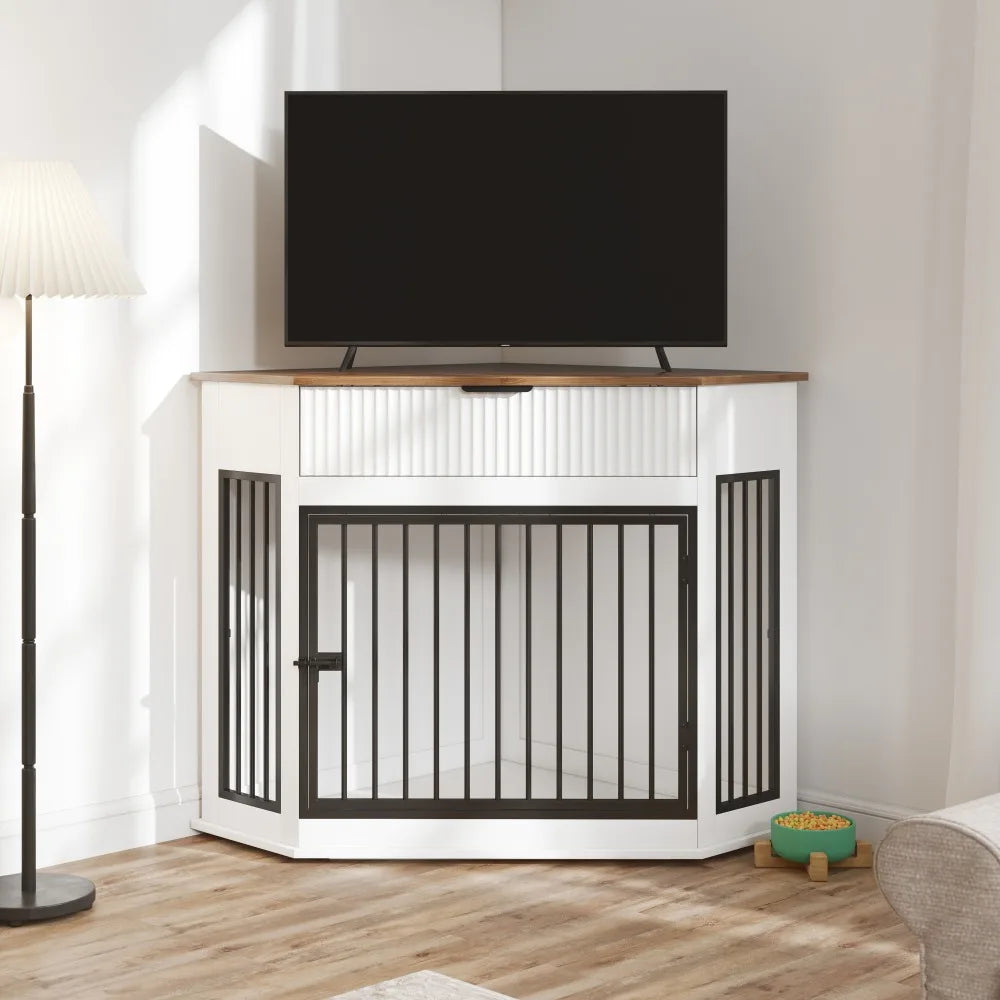 Decorative Dog Crate Furniture Cabinet With Fluted Drawer Storage