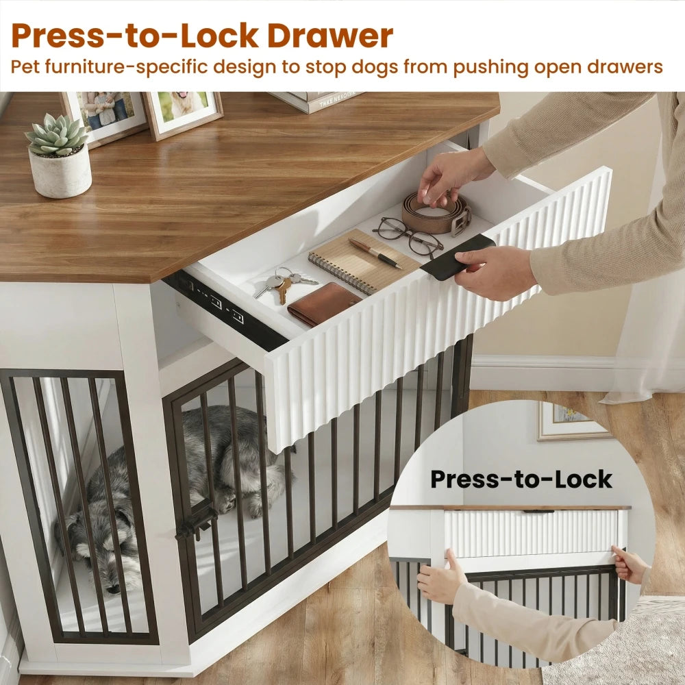 Decorative Dog Crate Furniture Cabinet With Fluted Drawer Storage
