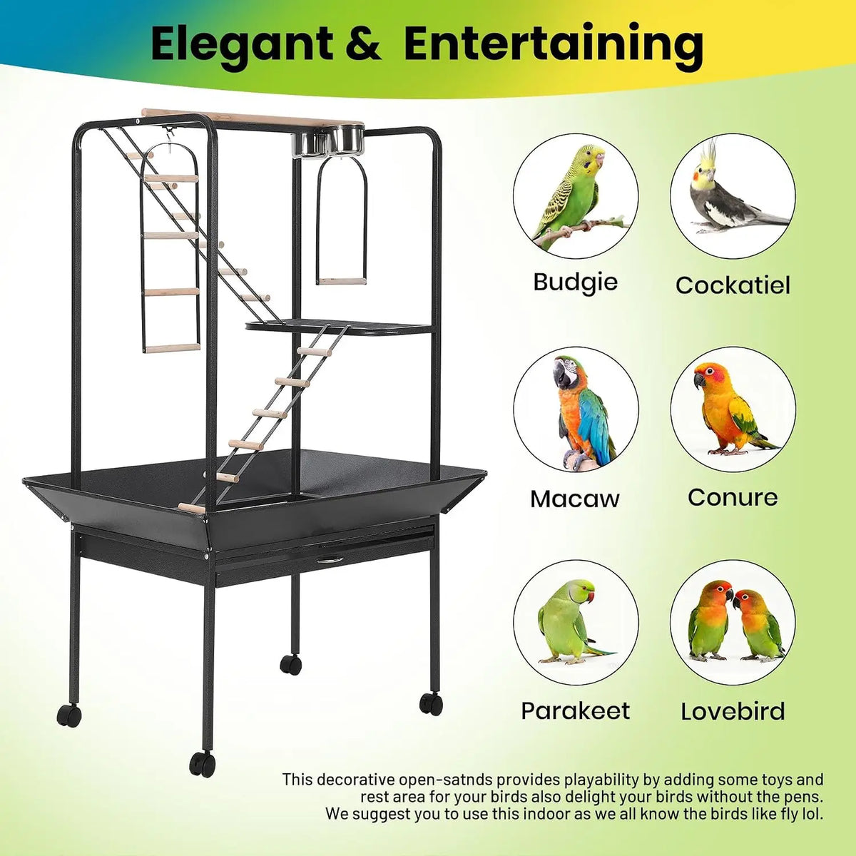 Premium Rolling Bird Play Stand With Seed Guard And Wheels