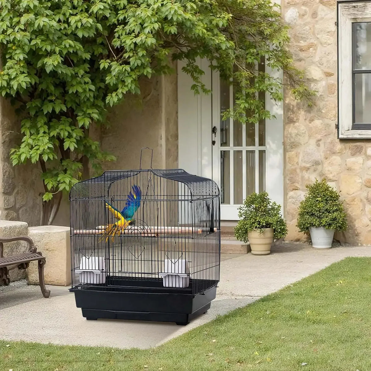 Portable Metal Bird Travel Cage With Perches And Feeder