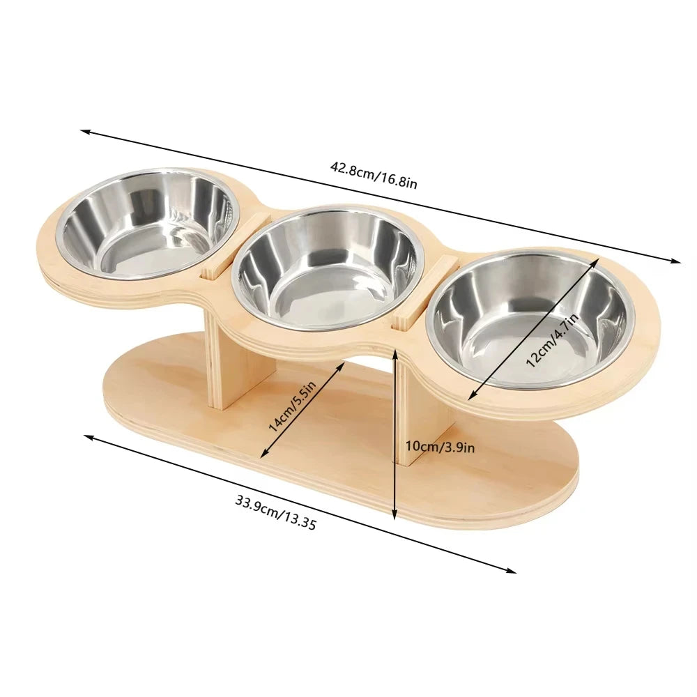 Elevated Wooden Cat Feeder With Three Stainless Steel Pet Bowls