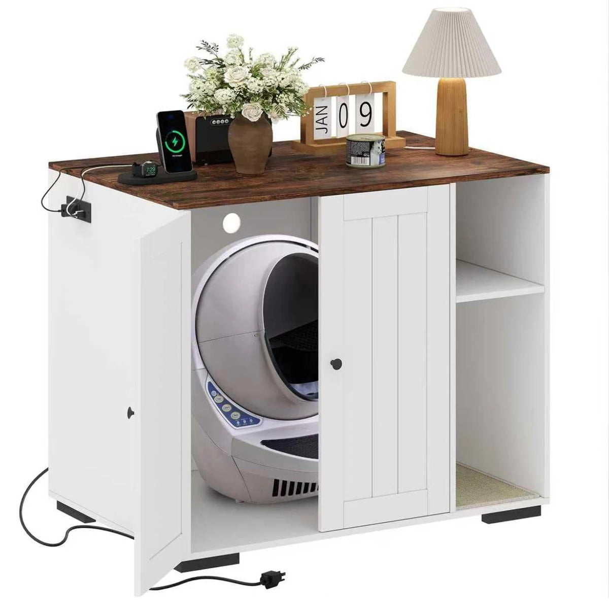 HiMISS Wooden Cat Litter Enclosure With Power Outlet And Collector