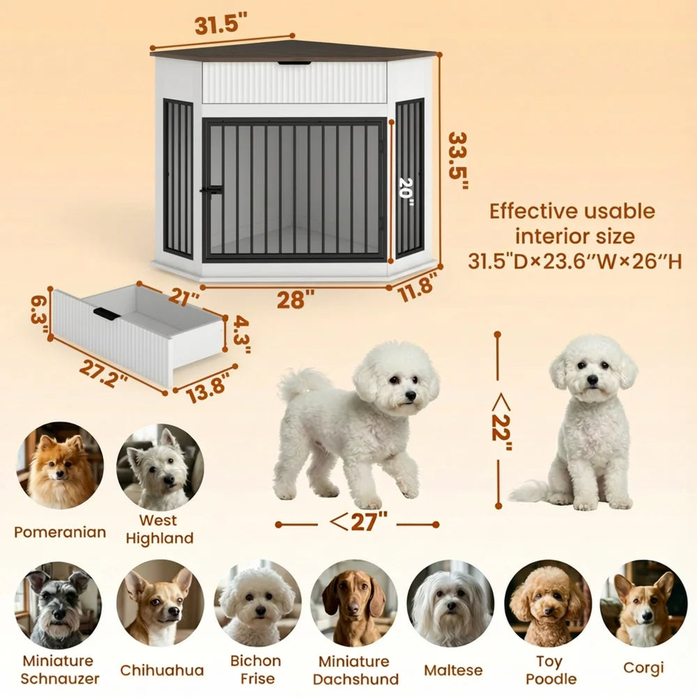 Decorative Dog Crate Furniture Cabinet With Fluted Drawer Storage