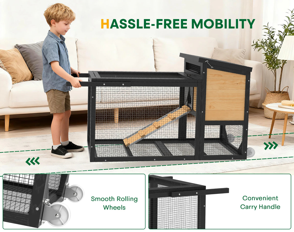 Outdoor Wooden Rabbit Hutch With Pull Out Tray And Wheels