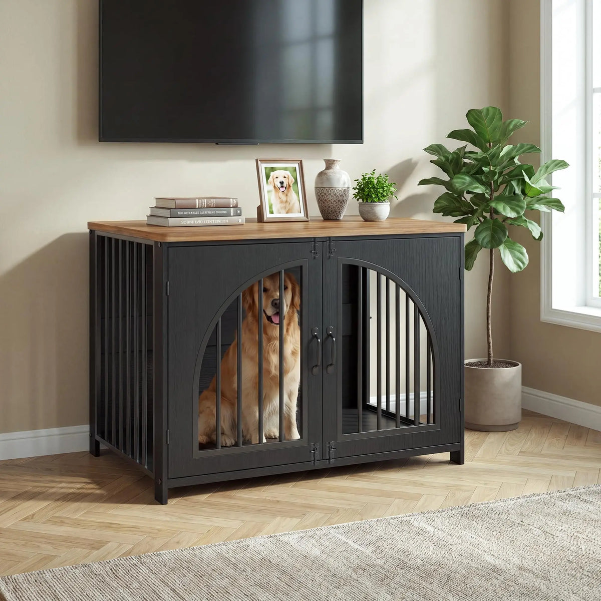 Secure Indoor Dog Crate Furniture With Lockable Arched Door