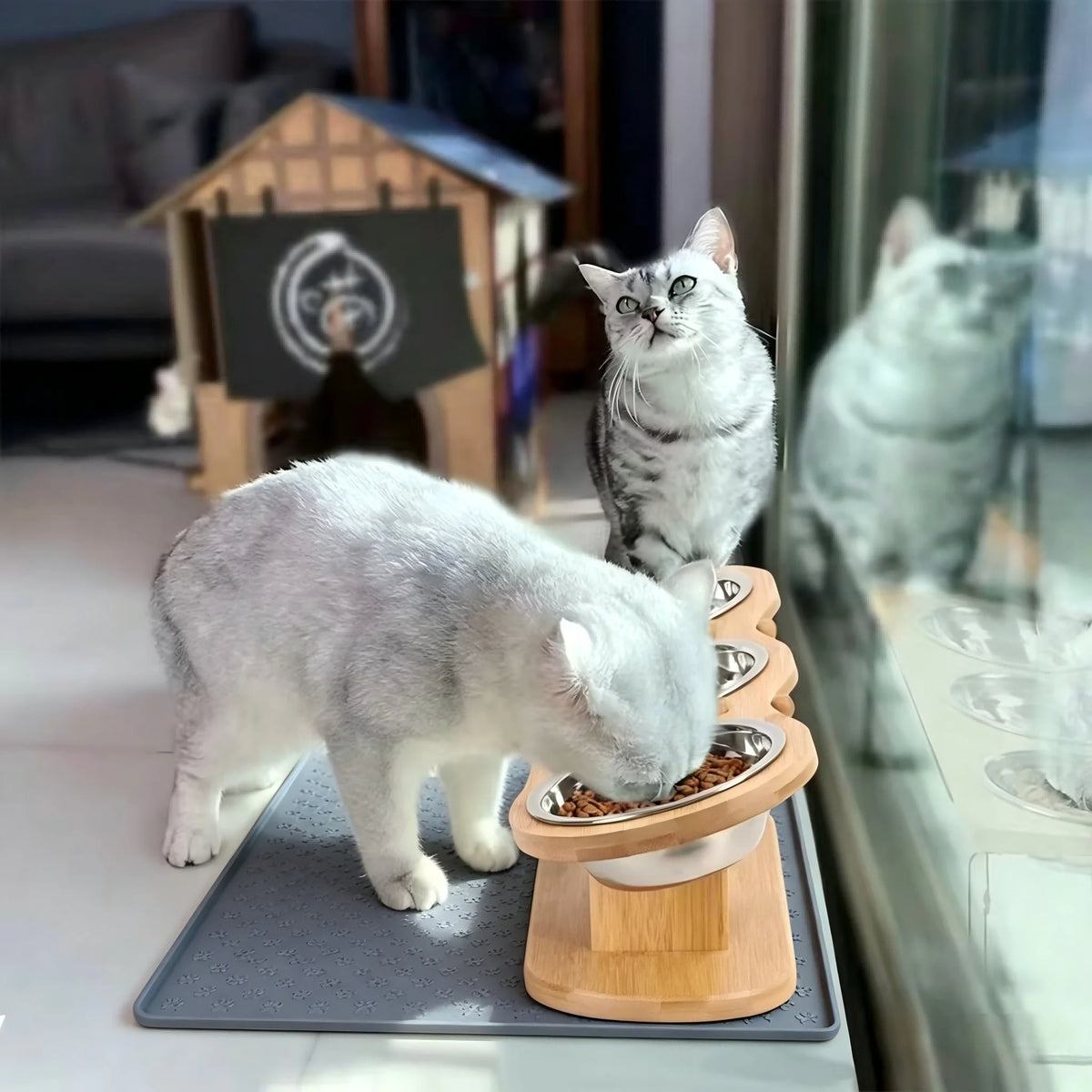 Elevated Wooden Cat Feeder With Three Stainless Steel Pet Bowls