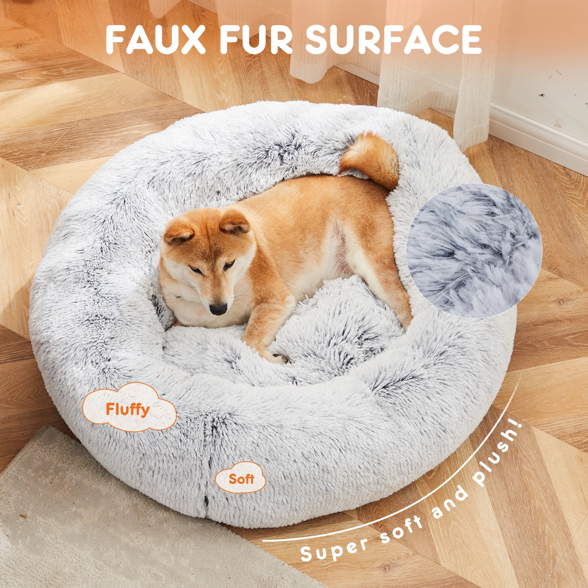 JHK Round Plush Faux Fur Calming Dog Bed Antiskid Bottom