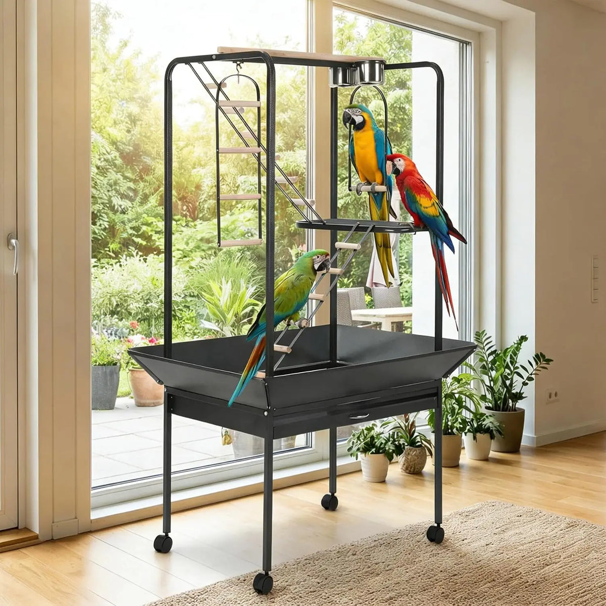 Premium Rolling Bird Play Stand With Seed Guard And Wheels