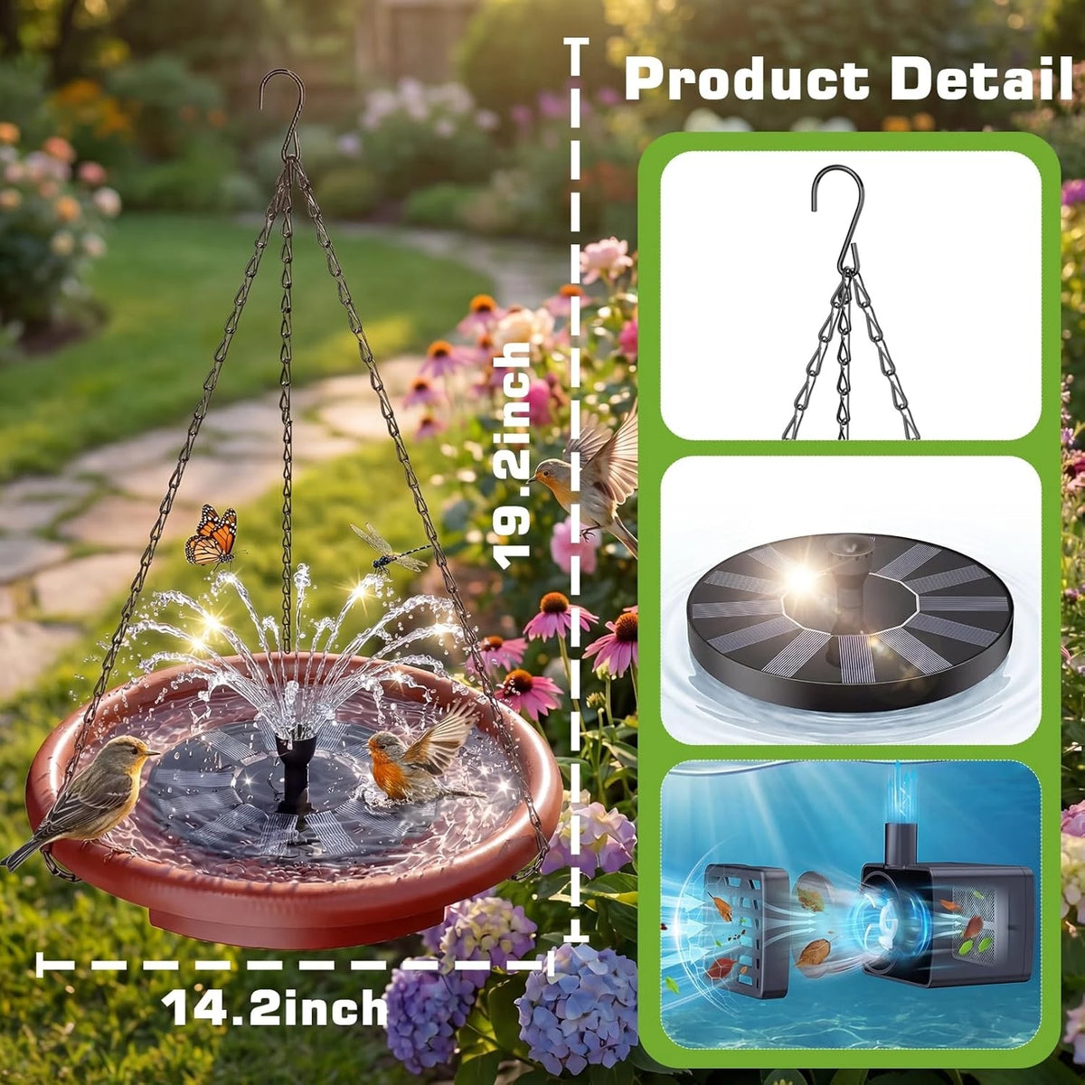 Hanging Solar Bird Bath With Integrated Fountain And Stepping Rungs