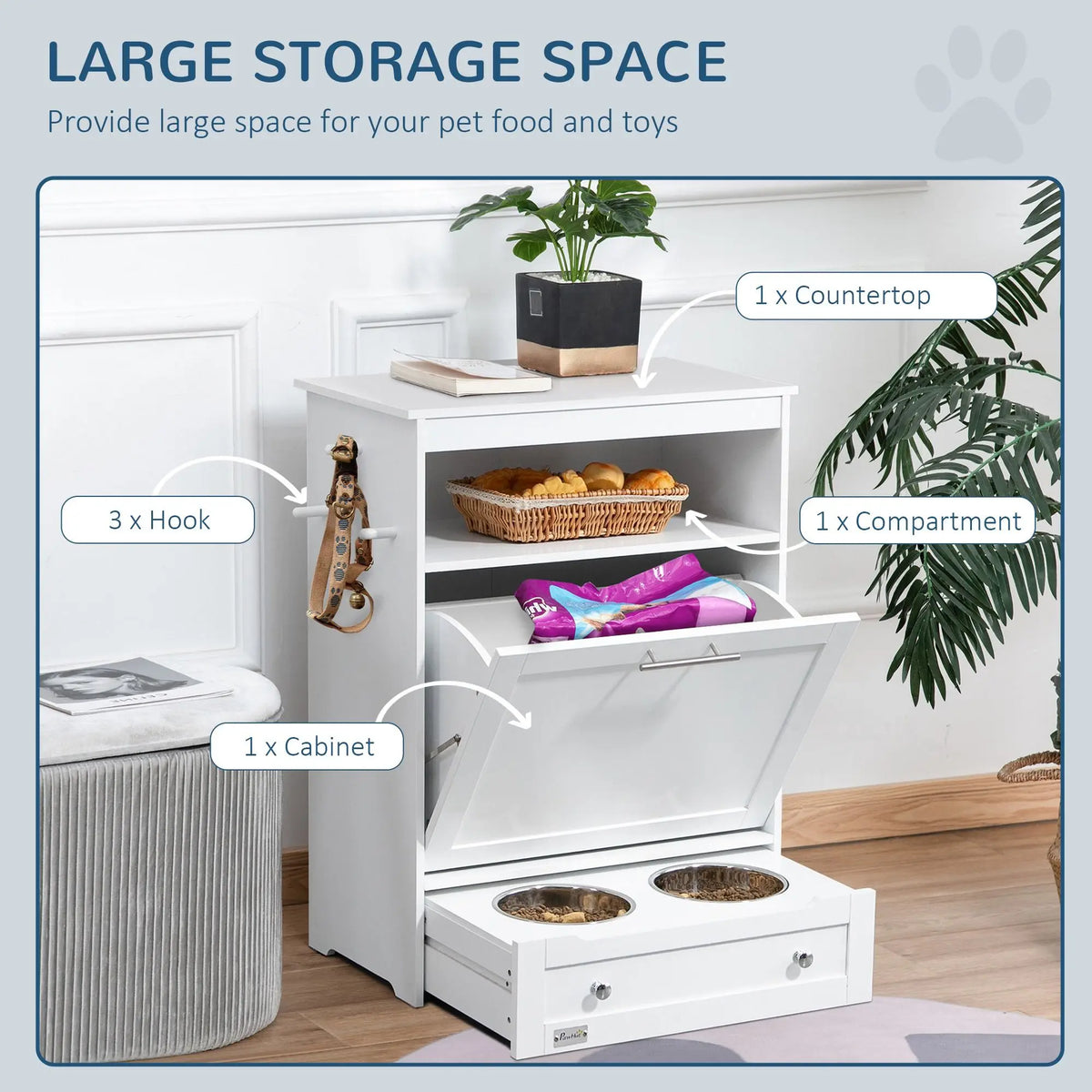 Wood Dog Feeder Station With Storage And Two Raised Bowls