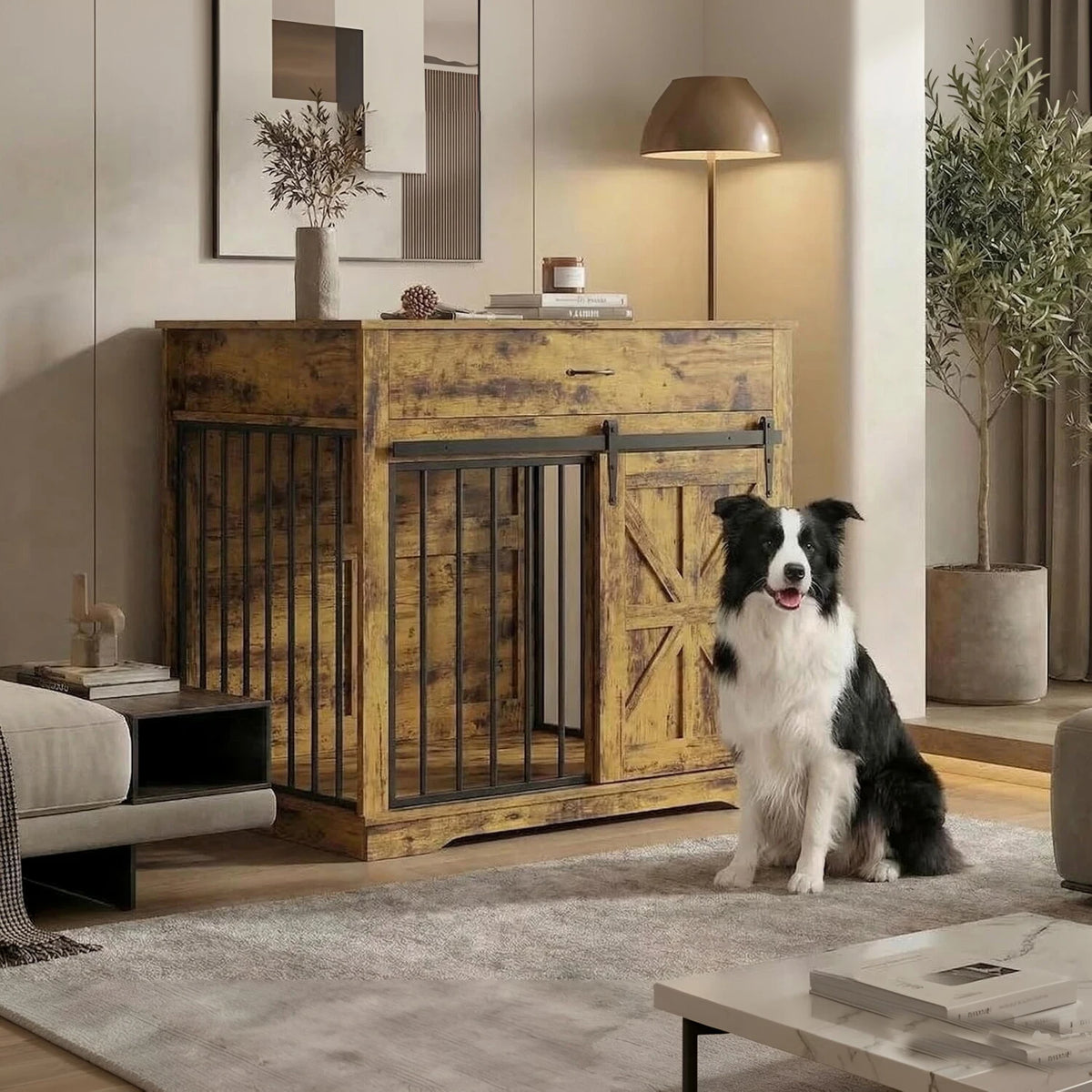 HiMiss Decorative Dog Crate End Table With Barn Door Furniture