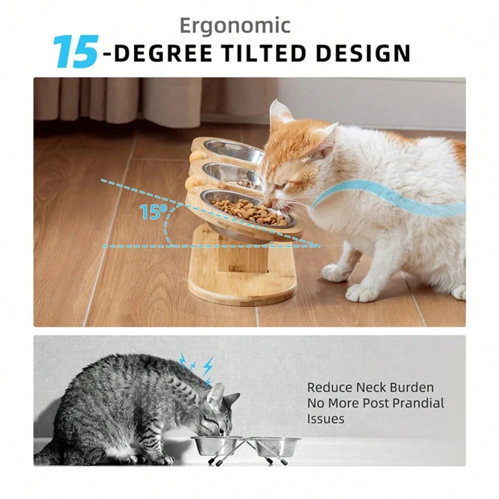 Elevated Wooden Cat Feeder With Three Stainless Steel Pet Bowls
