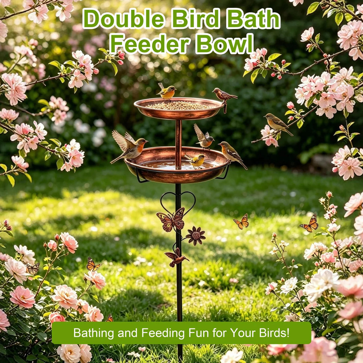 Two Tier Copper Metal Bird Bath For Garden Yard Decor