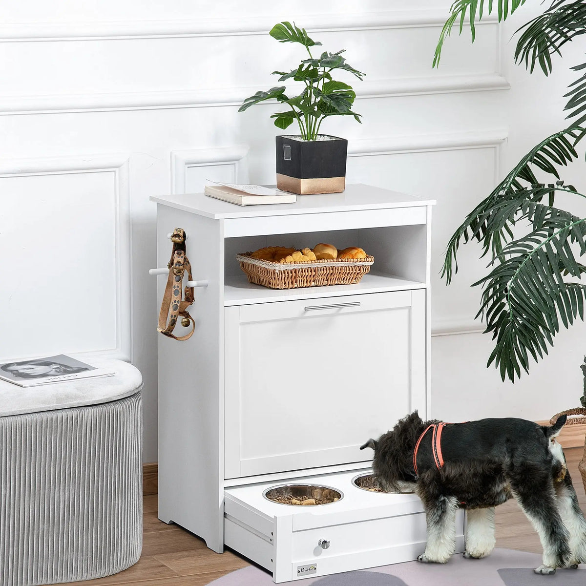 Wood Dog Feeder Station With Storage And Two Raised Bowls