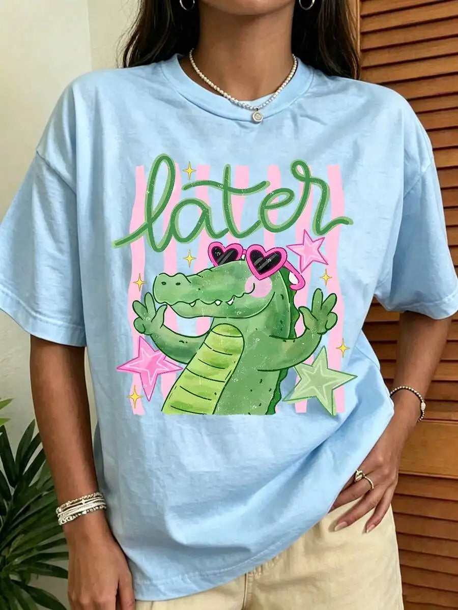 Women's Vintage Cotton Crocodile Print Graphic T-Shirt