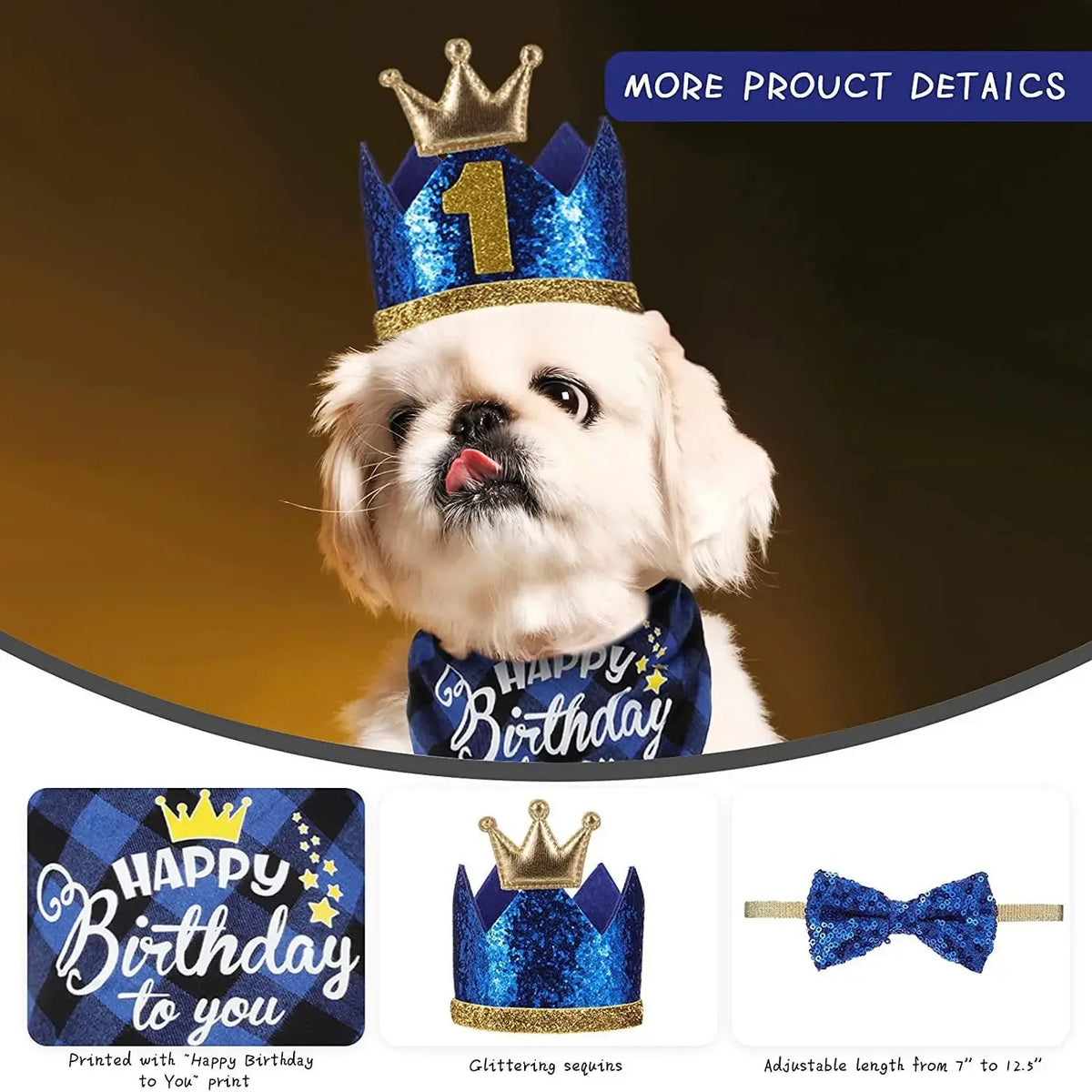 Premium Leather Pet Birthday Crown Hat And Bandana Accessory Set