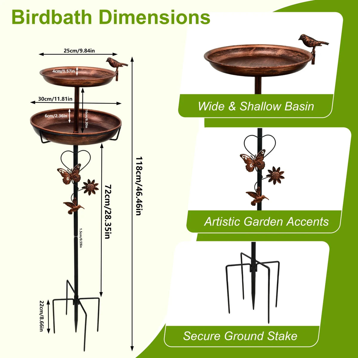 Two Tier Copper Metal Bird Bath For Garden Yard Decor