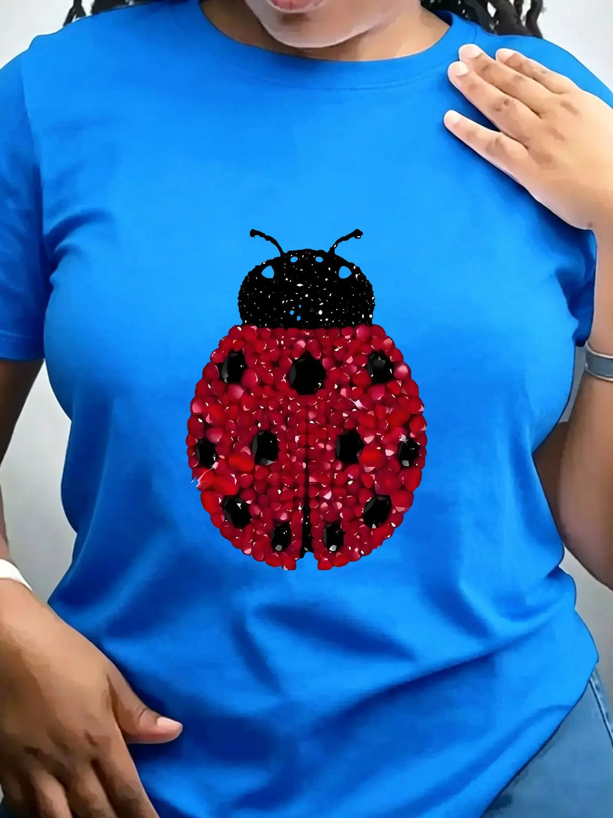 Women Cotton Crew Neck T Shirt Ladybug Rhinestone Print Top