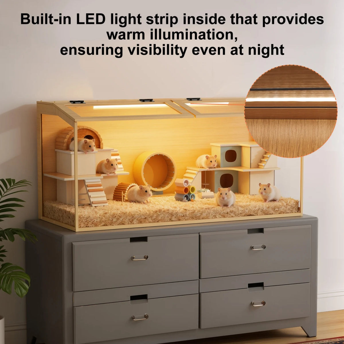 Natural Wooden Hamster Cage With Dual Door And LED Light