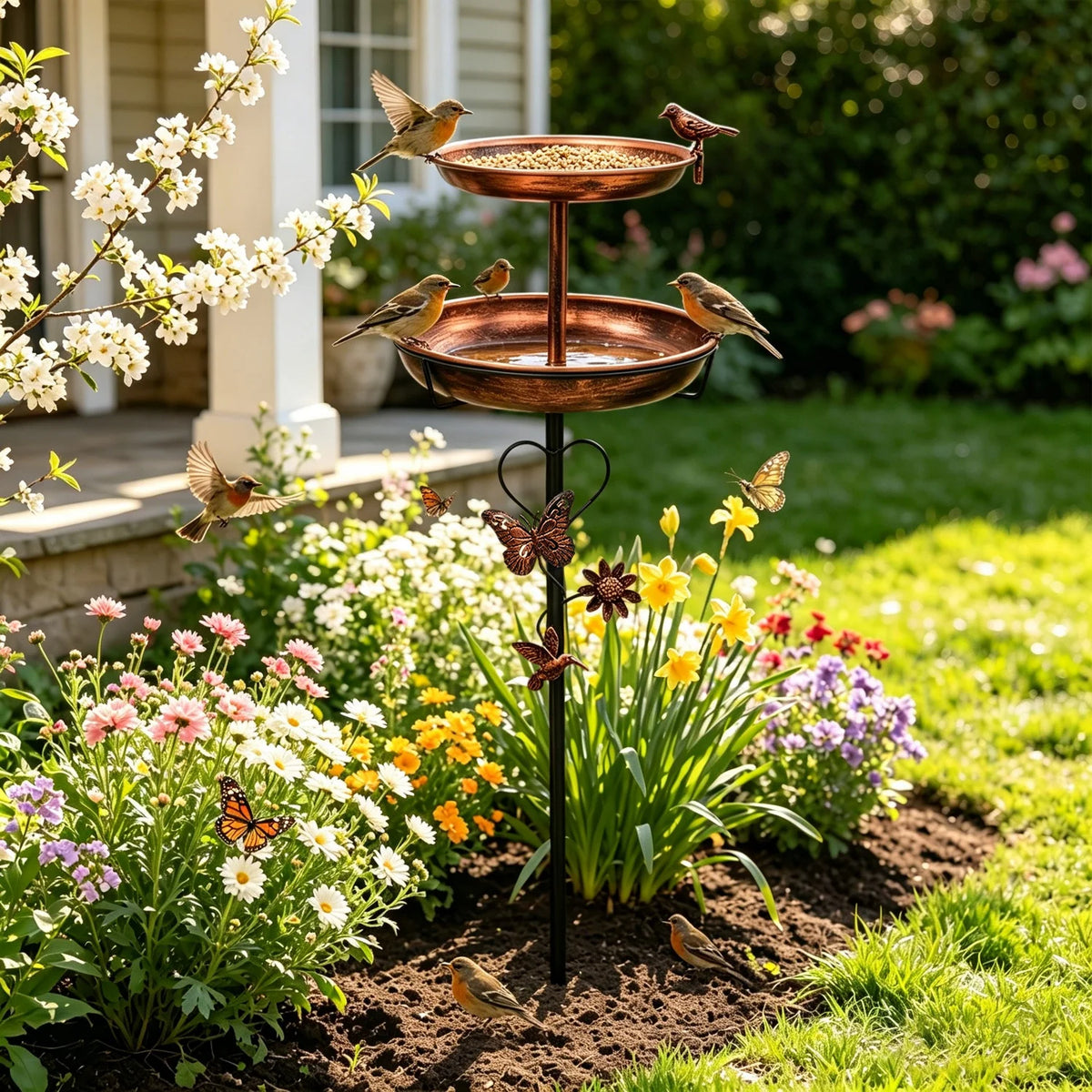 Two Tier Copper Metal Bird Bath For Garden Yard Decor