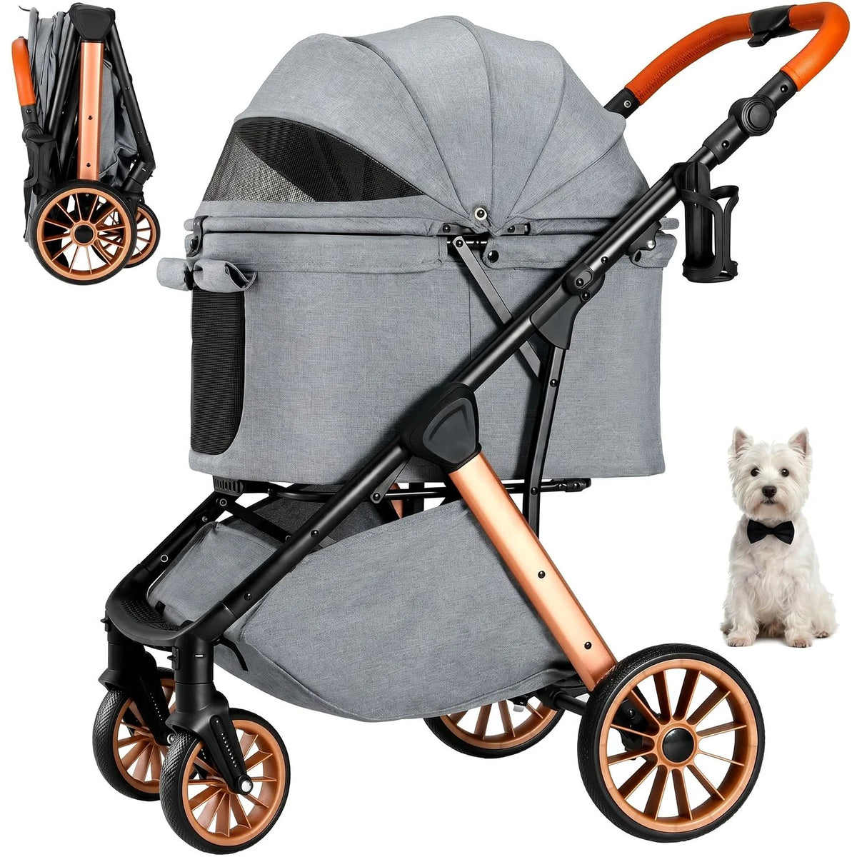 Foldable Pet Stroller With Adjustable Sun Shade And Shock Absorbers