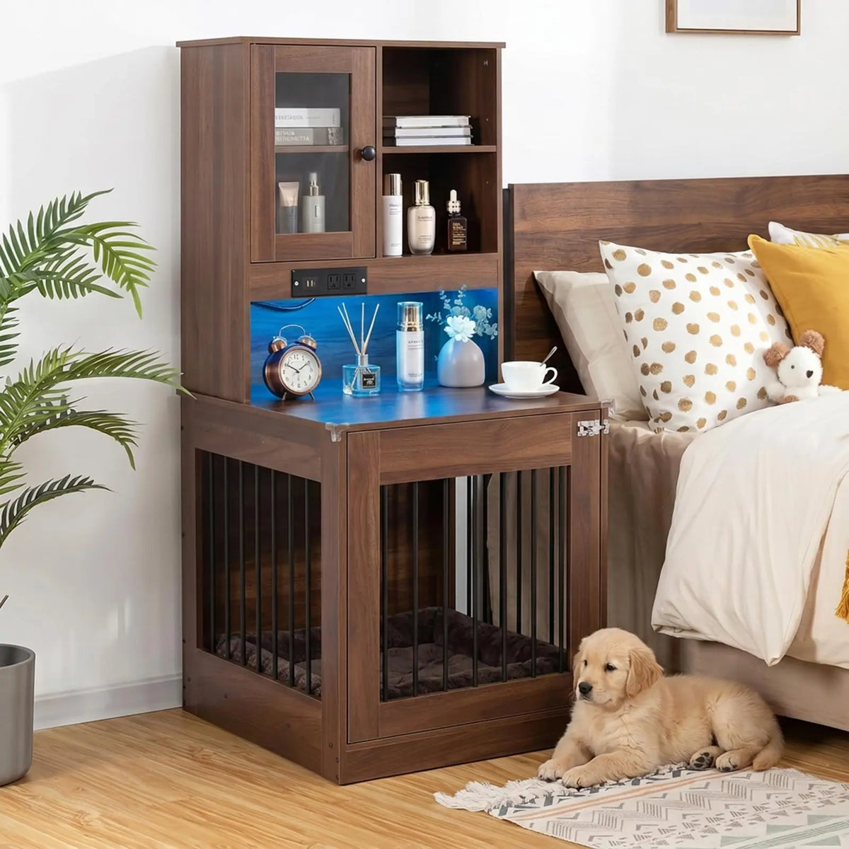 Compact Wooden Dog Crate Furniture With Side Table Design