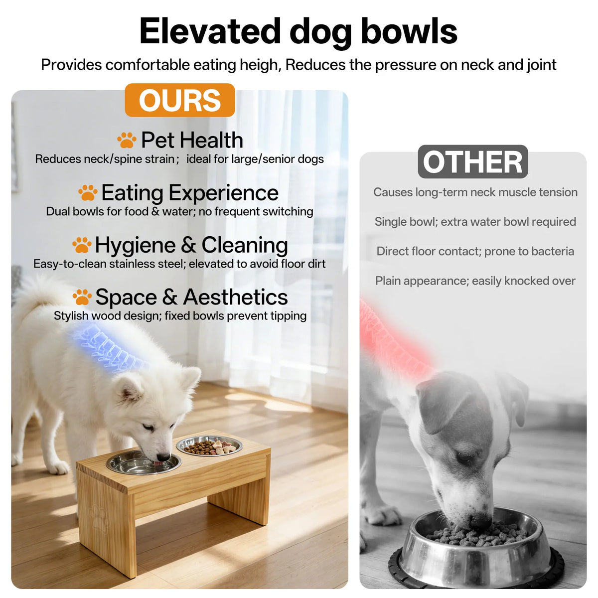 Wooden Raised Dog Bowls With Stainless Steel Double Pet Feeders