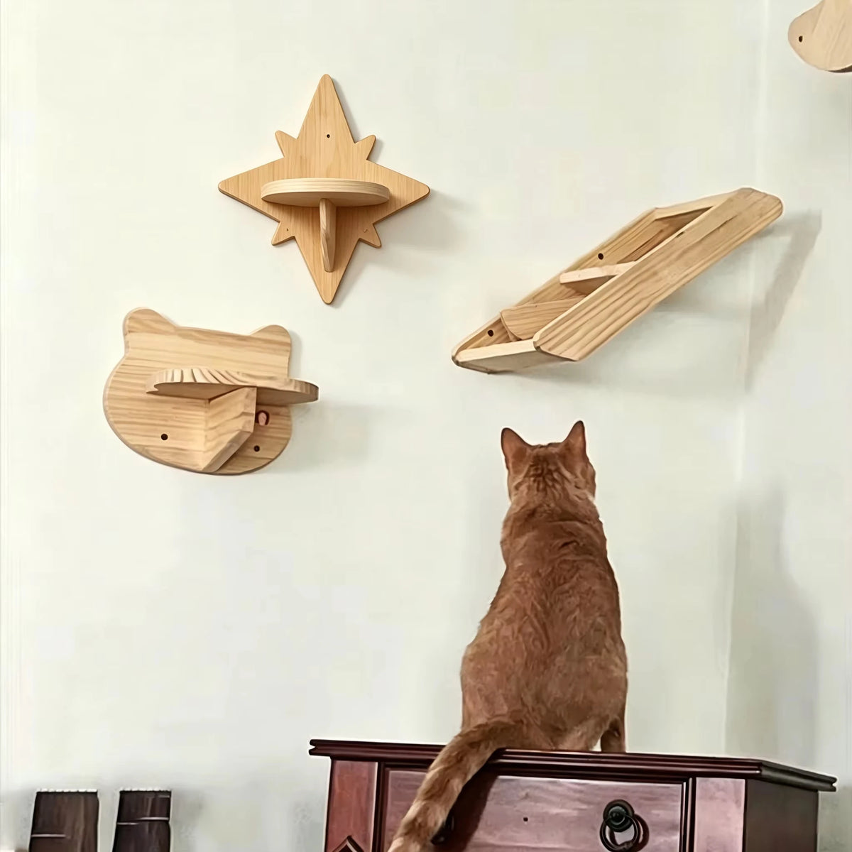 CWV Pine Wood Wall Mounted Cat Shelves With Moon Hammock