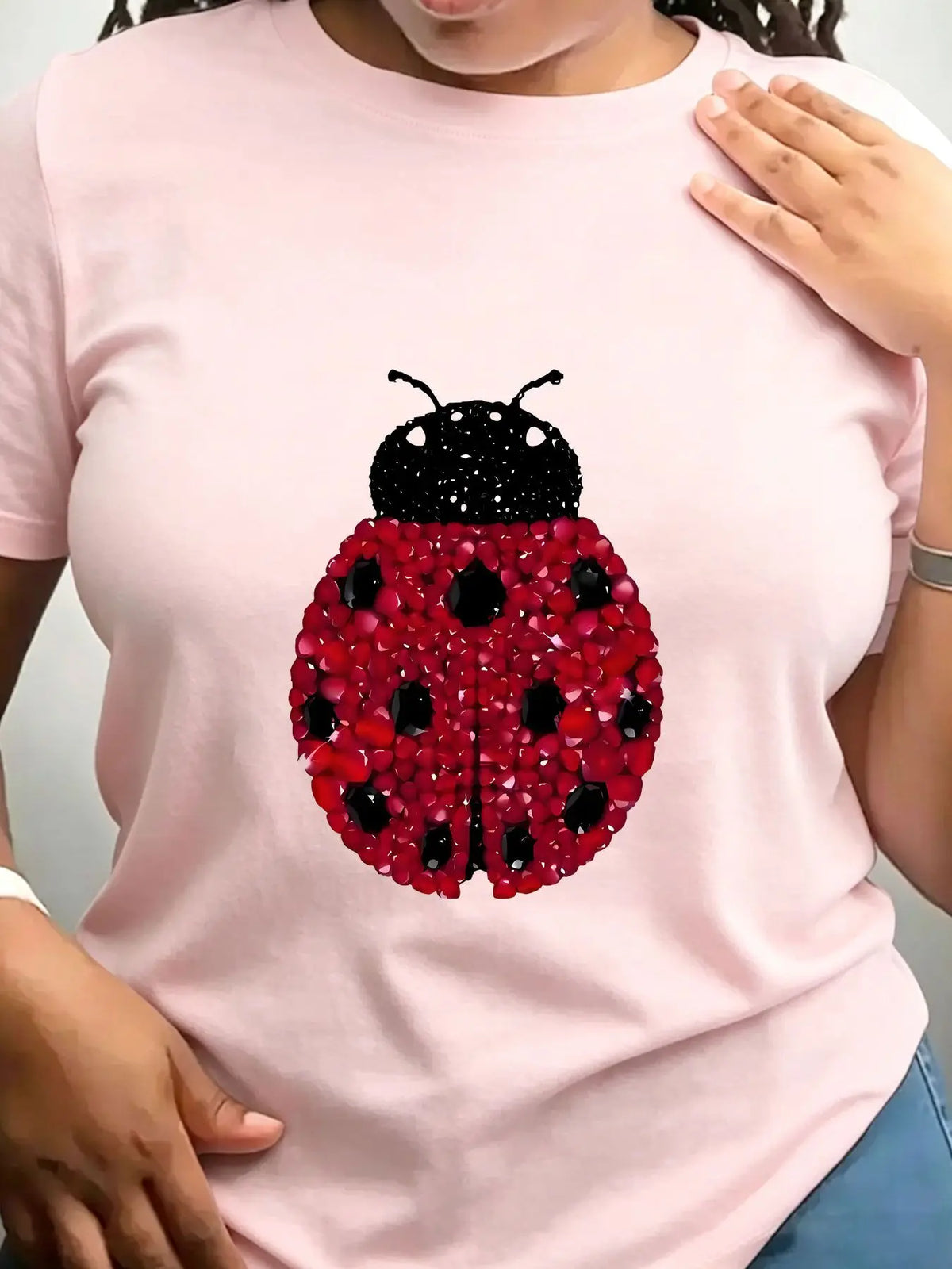 Women Cotton Crew Neck T Shirt Ladybug Rhinestone Print Top