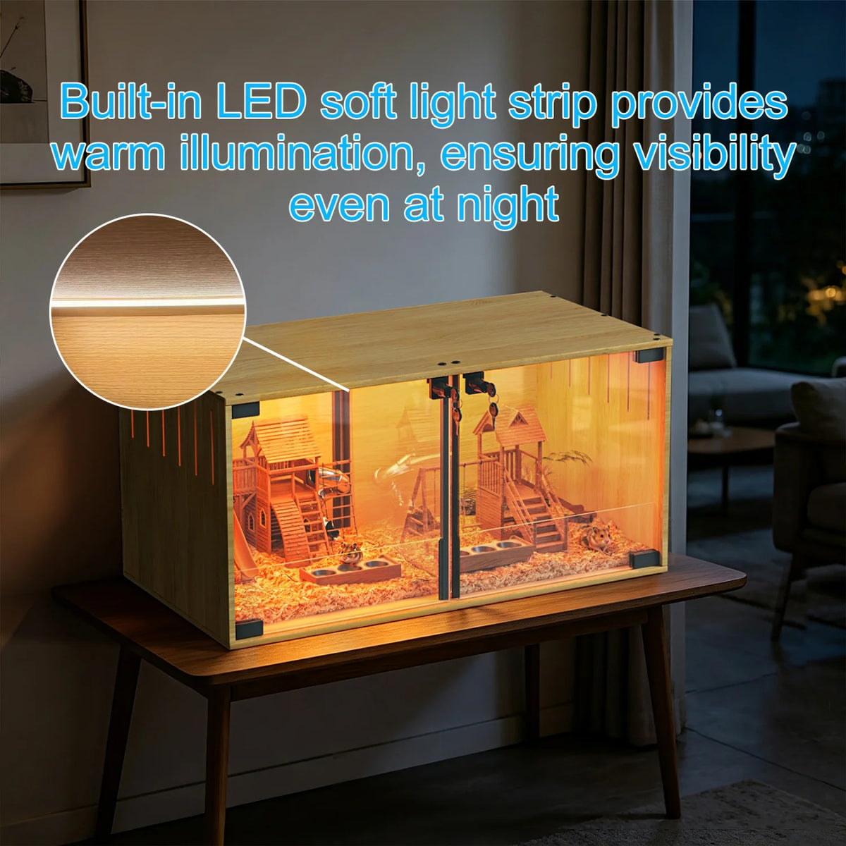 Wooden Pet Cage With Tempered Glass Panels And Divider