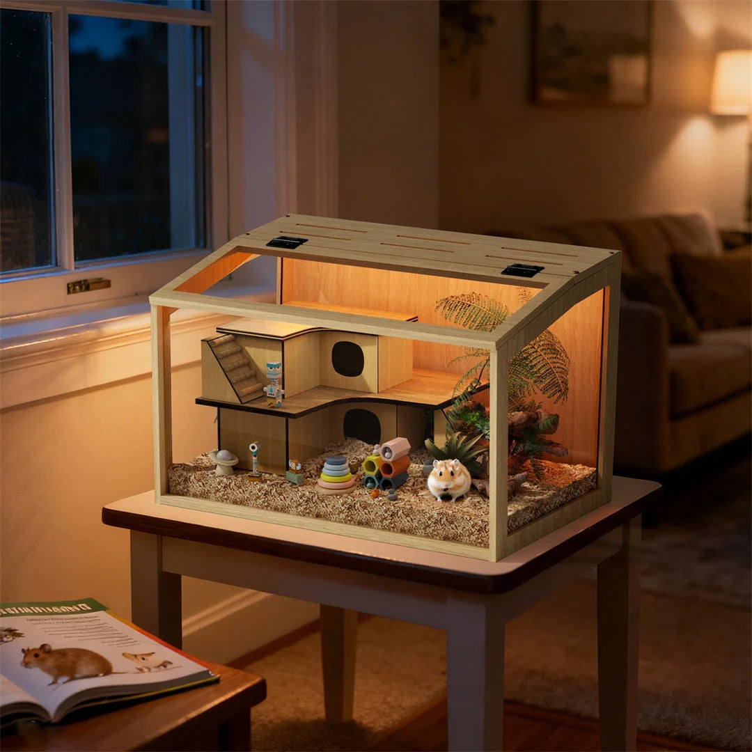 Sturdy Wooden Hamster Cage With Secure Glass Viewing Panels