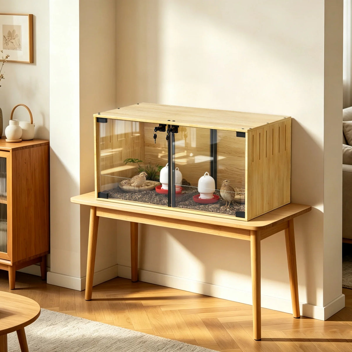 Wooden Pet Cage With Tempered Glass Panels And Divider