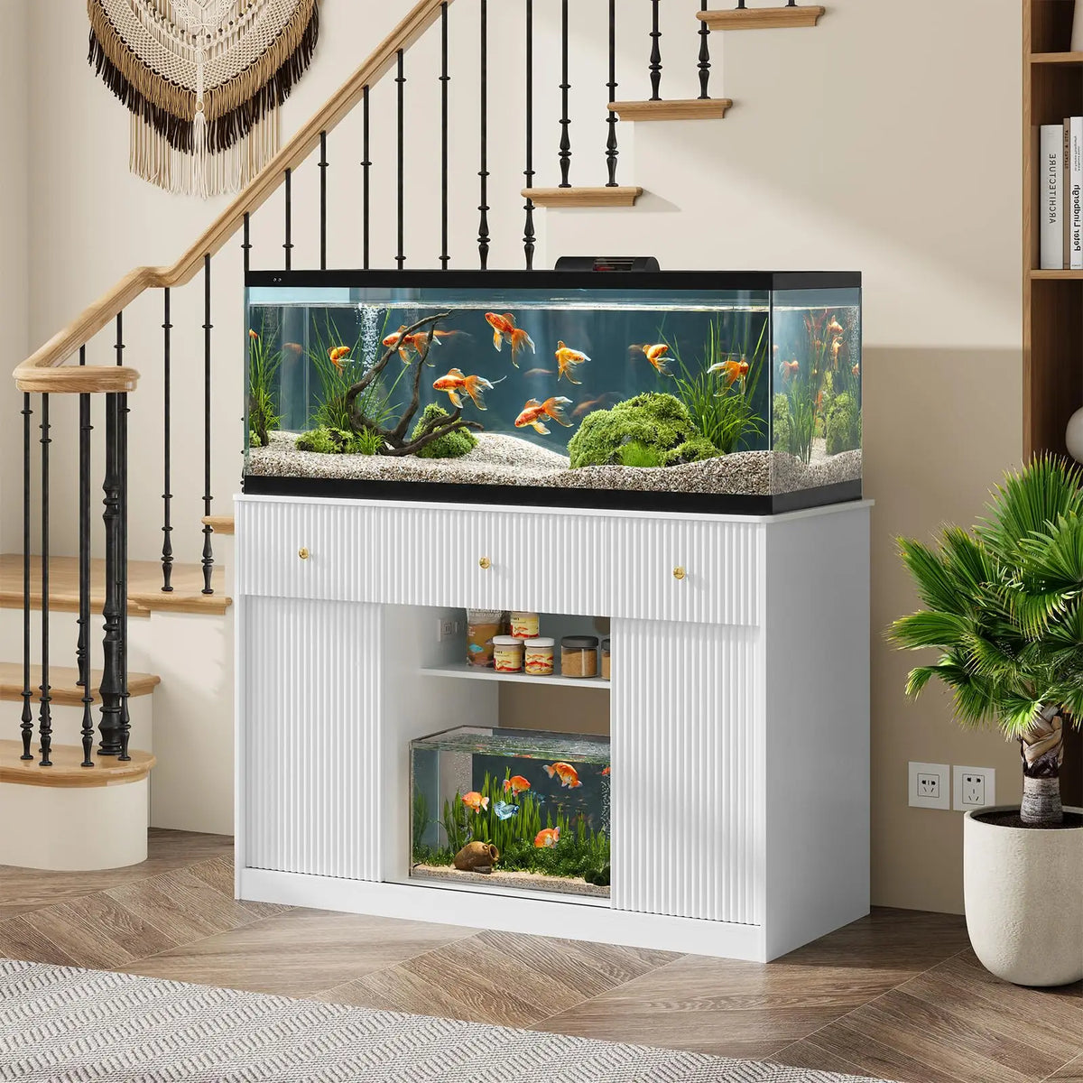 Modern Aquarium Stand With Integrated Lighting And Storage Units