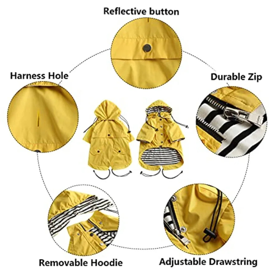 Water Resistant Dog Raincoat With Zip Closure And Removable Hood