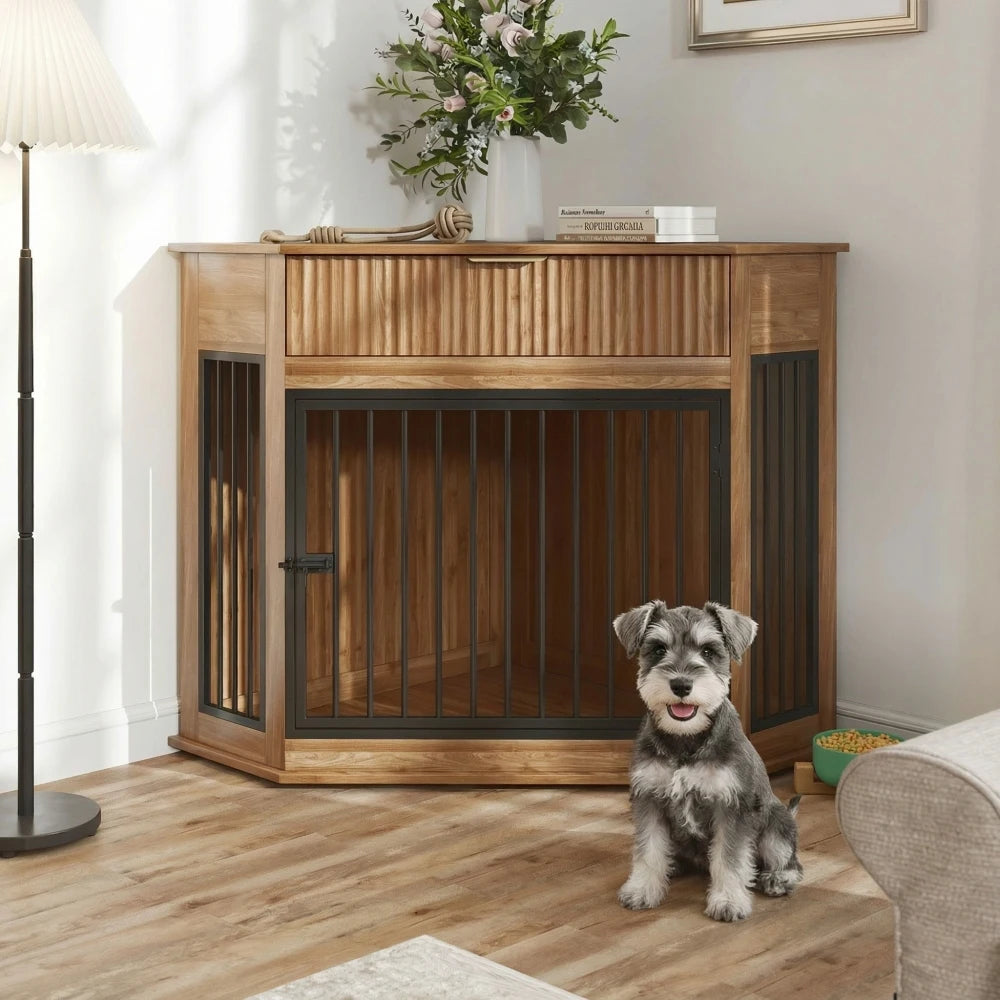 Decorative Dog Crate Furniture Cabinet With Fluted Drawer Storage