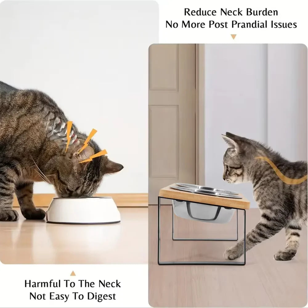 Elevated Cat Food Bowls With Wooden Stand And Steel Dishes