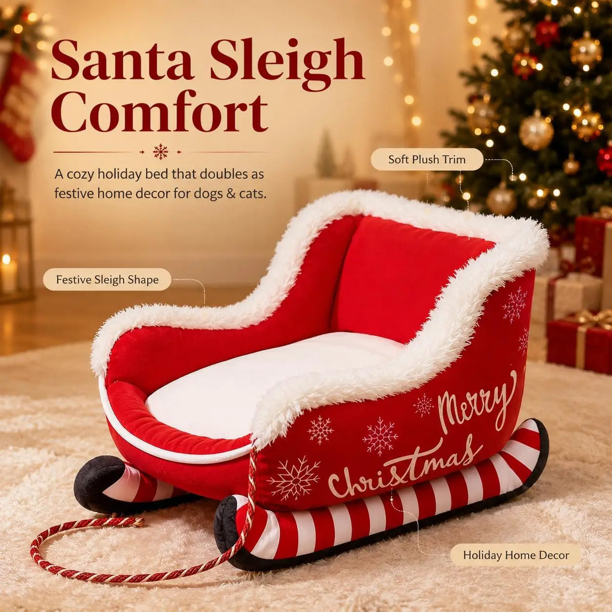 Festive Plush Christmas Dog Sleigh Bed With Raised Safety Sides