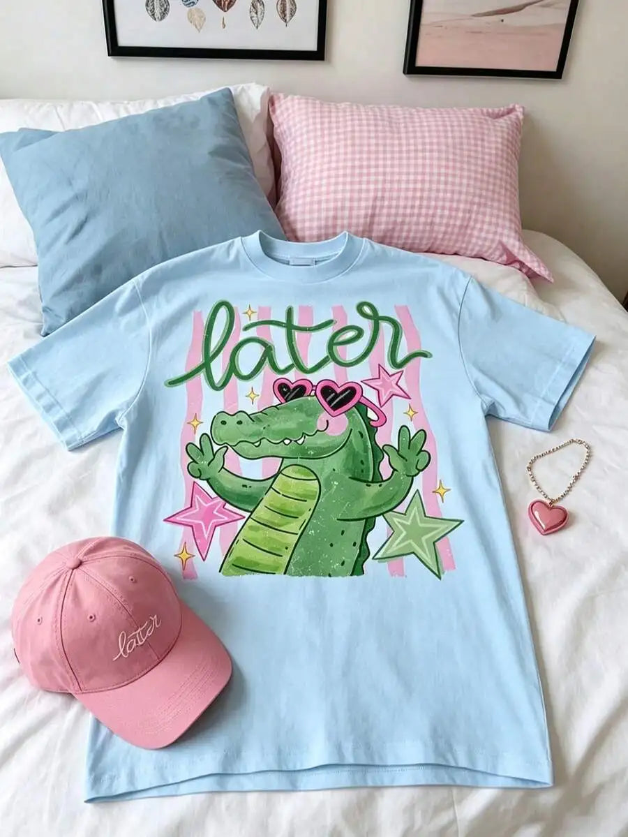 Women's Vintage Cotton Crocodile Print Graphic T-Shirt