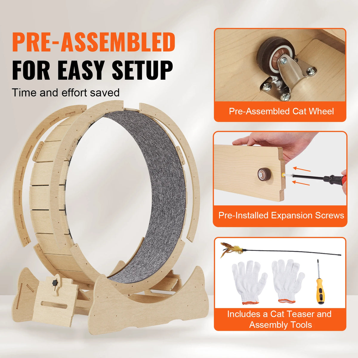 Wooden Cat Exercise Wheel With Carpet And Interactive Teaser