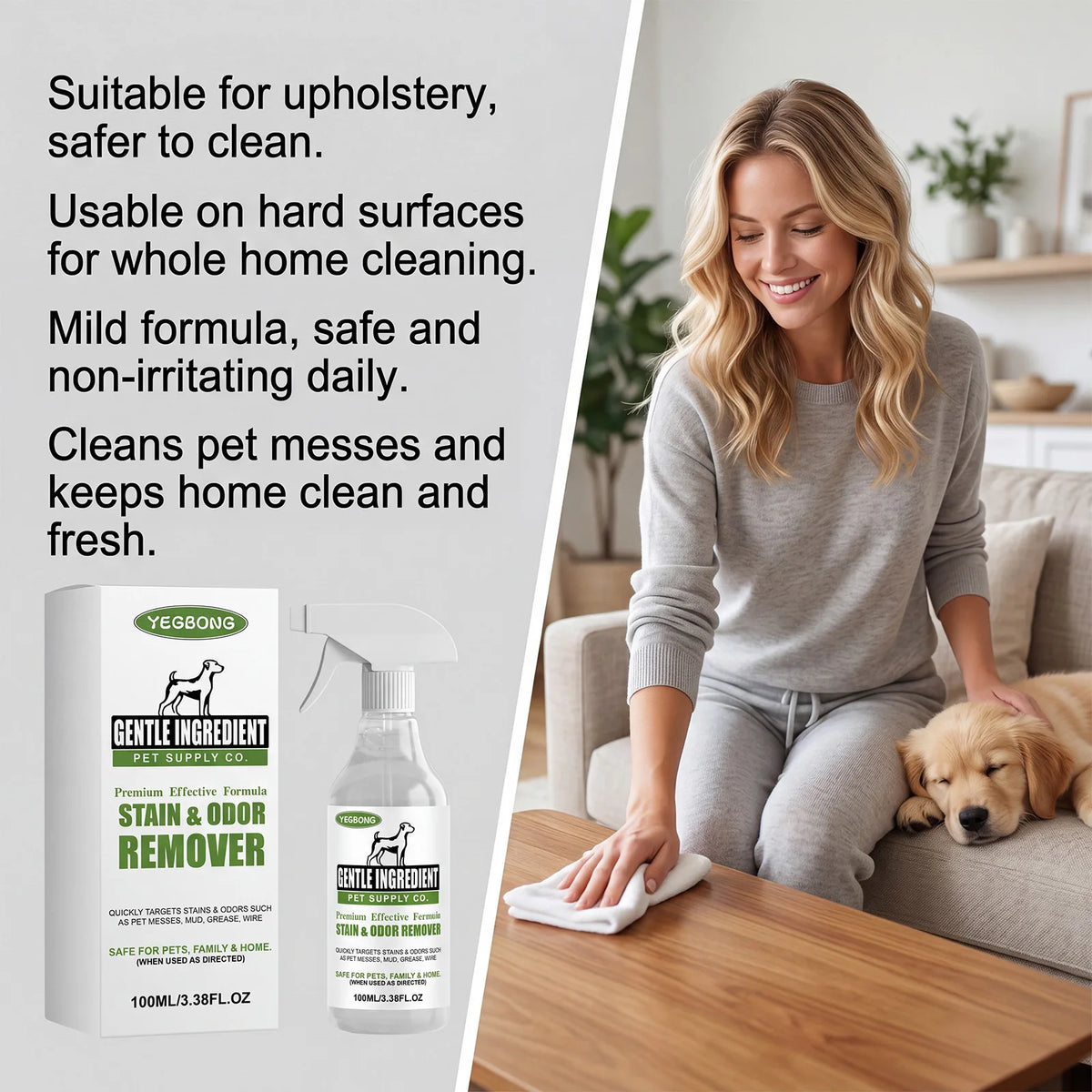 Yegbong Natural Gentle Pet Stain Cleaner Spray Odor Removal
