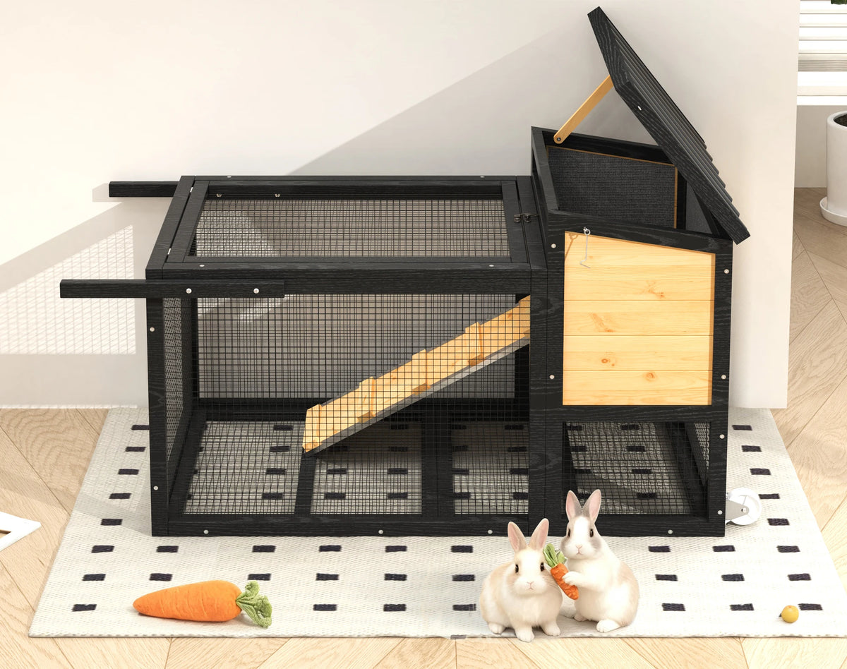 Outdoor Wooden Rabbit Hutch With Pull Out Tray And Wheels