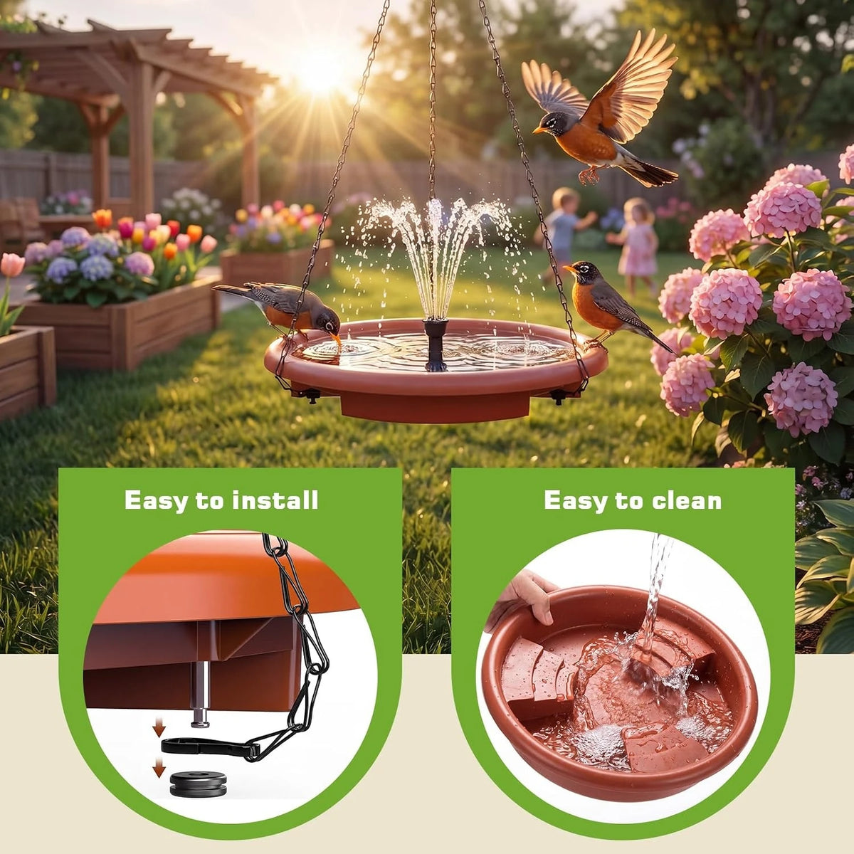 Hanging Solar Bird Bath With Integrated Fountain And Stepping Rungs