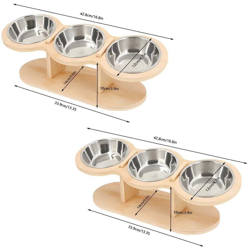 Elevated Wooden Cat Feeder With Three Stainless Steel Pet Bowls
