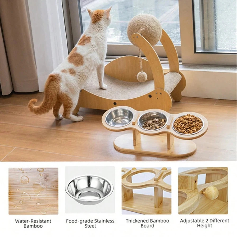 Elevated Wooden Cat Feeder With Three Stainless Steel Pet Bowls