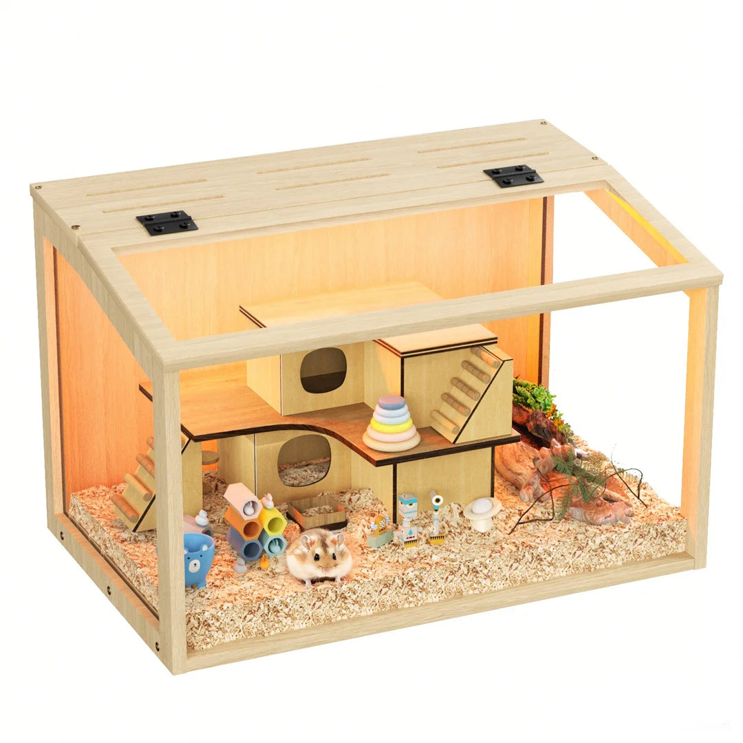 Sturdy Wooden Hamster Cage With Secure Glass Viewing Panels