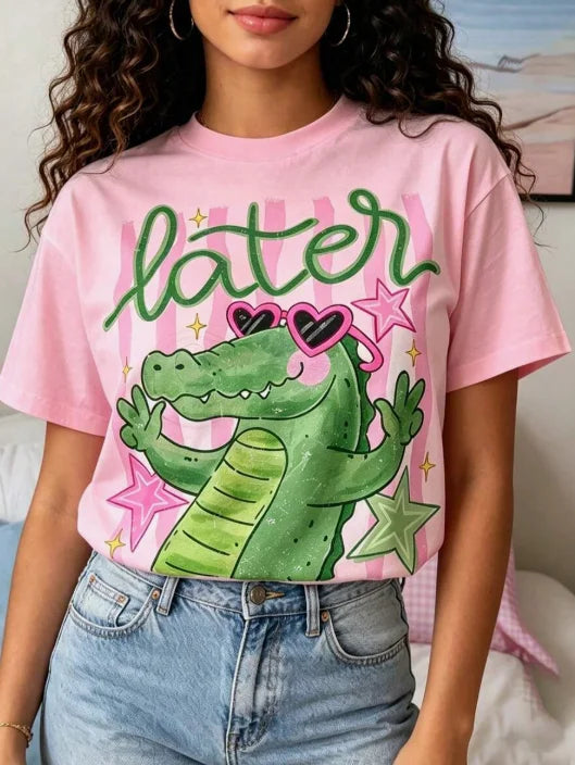 Women's Vintage Cotton Crocodile Print Graphic T-Shirt