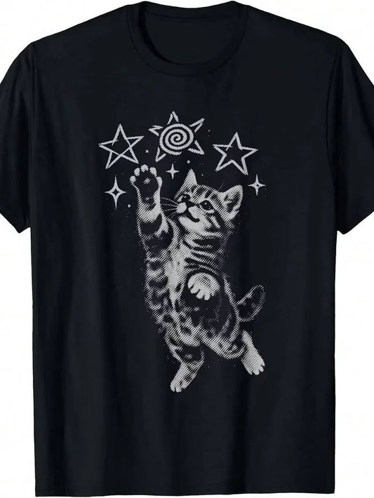 Y2K Cat Graphic Cotton Tee For Men Soft Casual Top