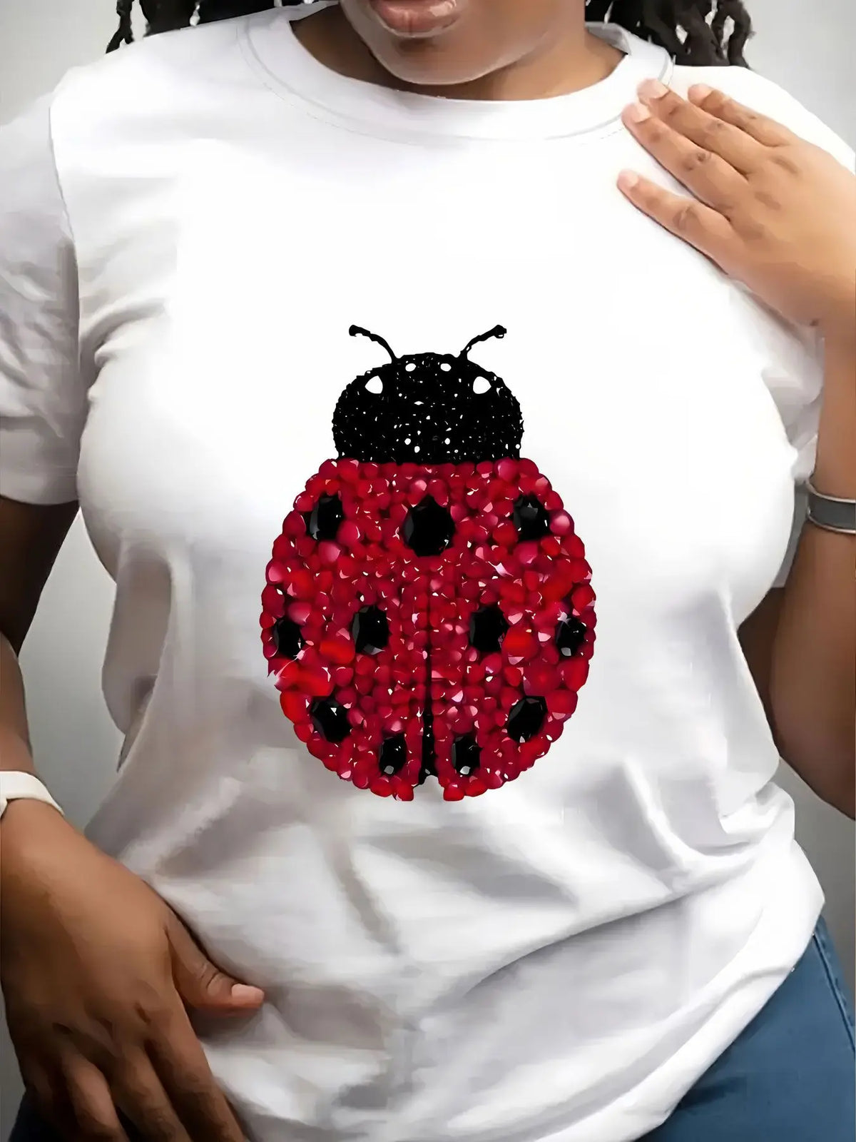 Women Cotton Crew Neck T Shirt Ladybug Rhinestone Print Top