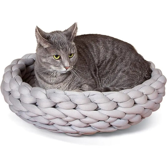Premium Handwoven Knitted Round Cat Bed For Indoor Pet Resting